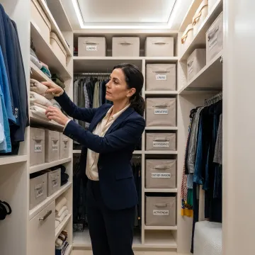 Beautifully organized luxury closet with labeled storage bins