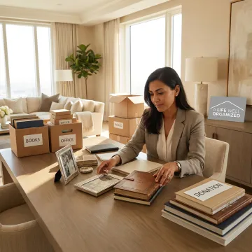 Organizer sorting household items before a move