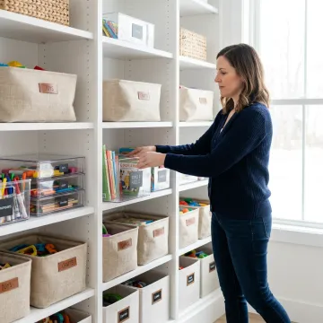 Organizer arranging labeled storage bins