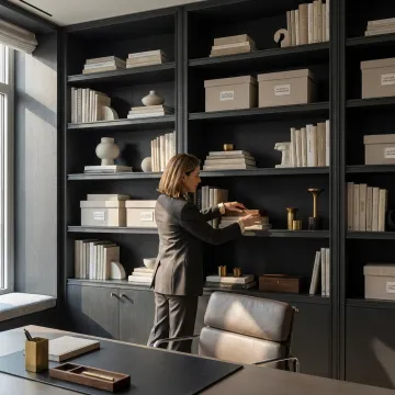 Organizer arranging a custom home office with shelves