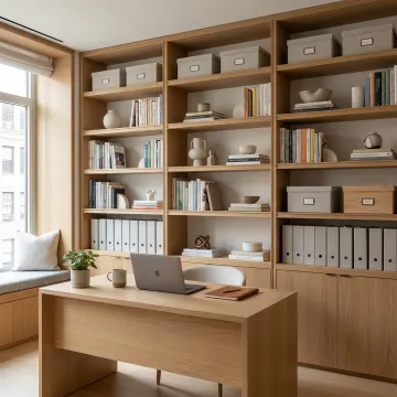Custom organized home office with built-in shelving