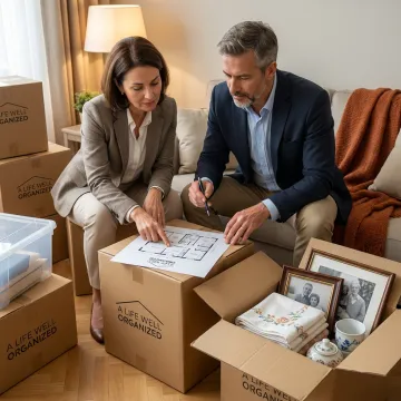 Organizers coordinating a senior downsizing move