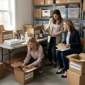 Organizers reviewing labeled estate boxes