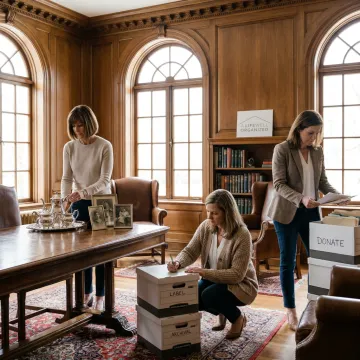 Organizers sorting estate belongings in a refined home