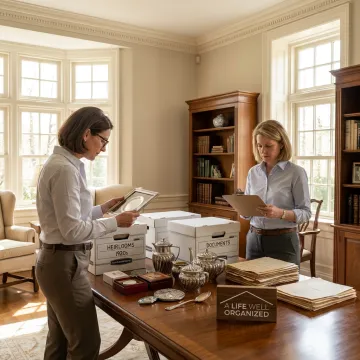 Estate downsizing organizers reviewing labeled boxes in a refined home
