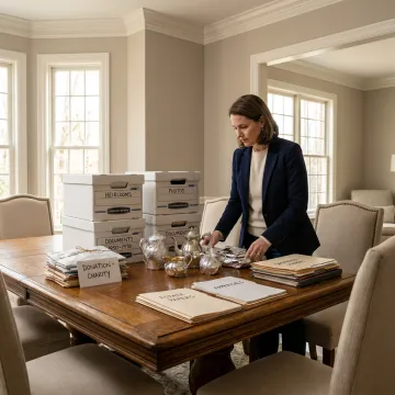 Organizer sorting estate belongings for downsizing
