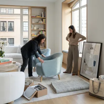 Stylists arranging rented furniture for staging