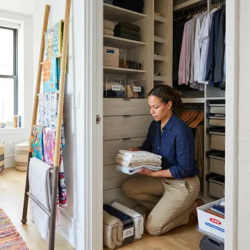 Organizer arranging labeled bins in a modern home