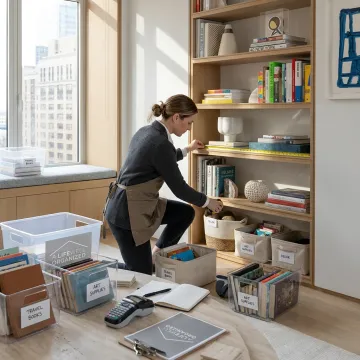 Professional organizer sorting belongings in a luxury apartment