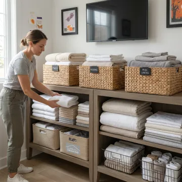 Organized home shelves with labeled baskets