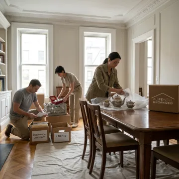 Estate clearance team organizing heirlooms and documents