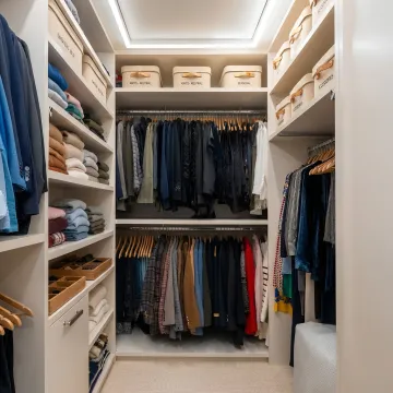 Organized luxury wardrobe with coordinated clothing and storage