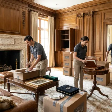 Estate moving team organizing packed belongings