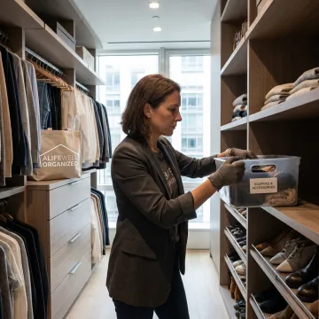 Professional organizer arranging labeled storage bins in a luxury home closet