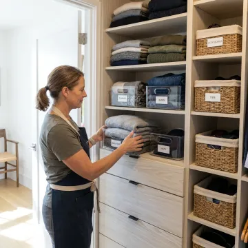 Beautifully organized luxury closet with labeled storage and folded clothing