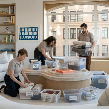 Organizers sorting household items in a bright home