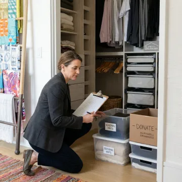 Professional organizer sorting labeled storage bins in a luxury home