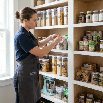 Professional home organizer styling a tidy Portland home pantry