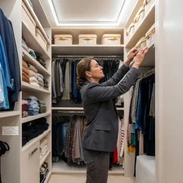 Professional organizer arranging storage bins in a tidy home closet