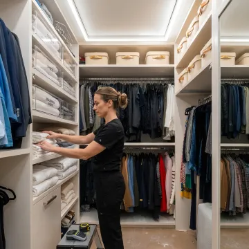 Luxury home closet organized with labeled storage