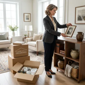 Senior move manager helping organize a calm new home