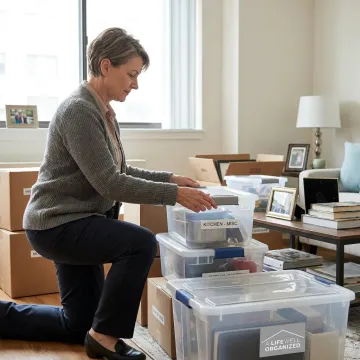 Senior move manager organizing packed boxes in a new home