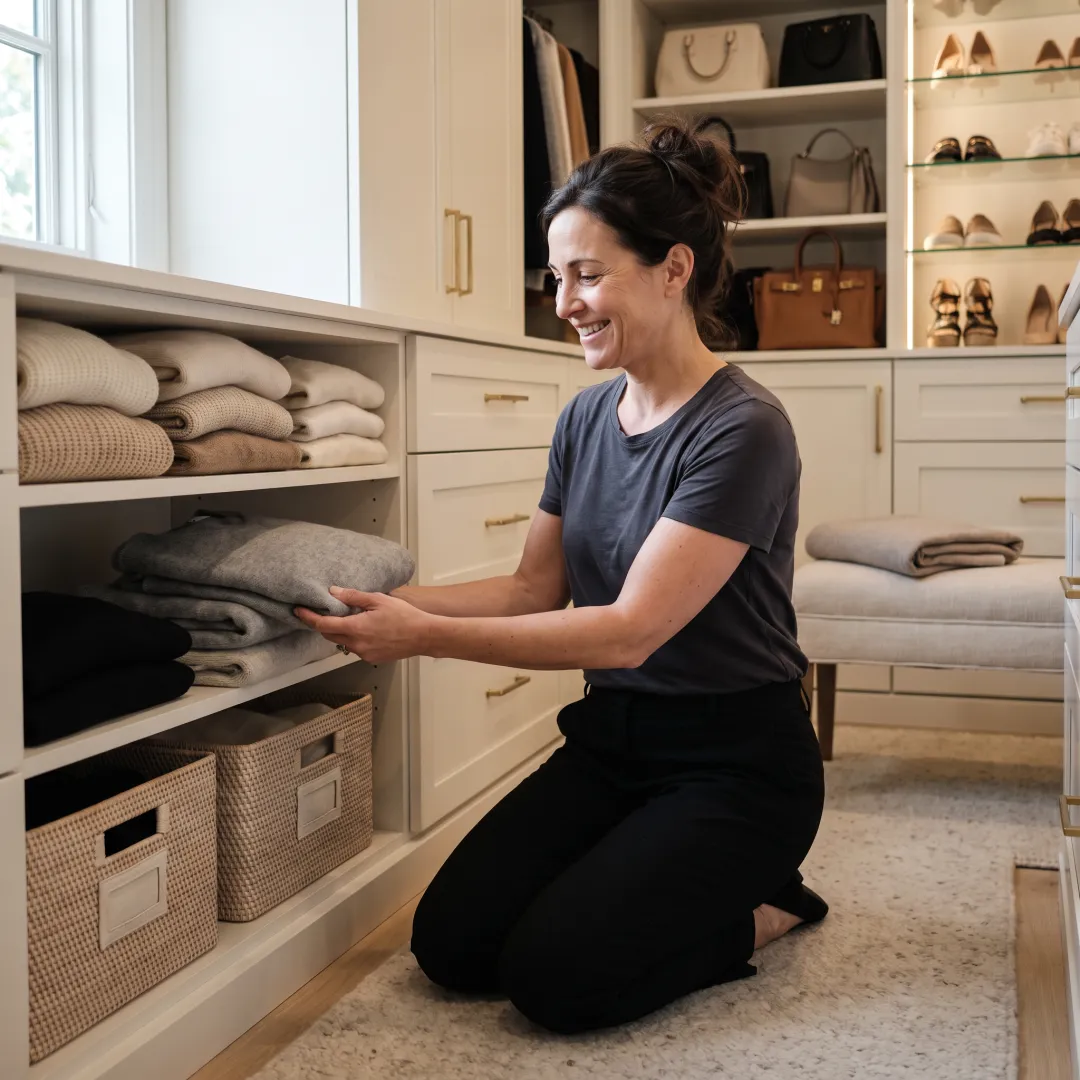Professional organizer arranging a luxury wardrobe