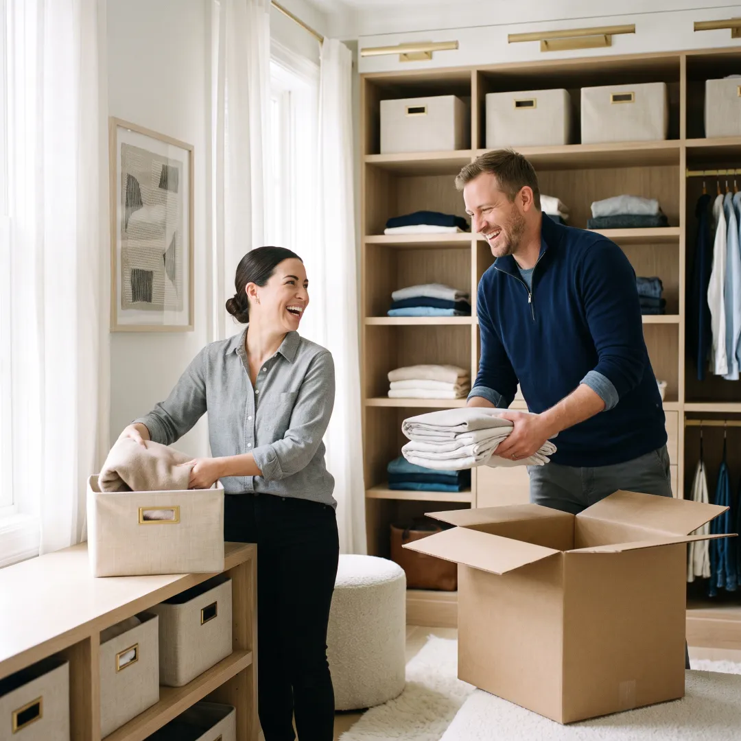 Professional organizers unpacking boxes in a luxury home