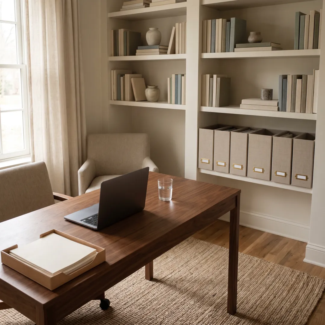 Luxury organized home office with desk and shelving