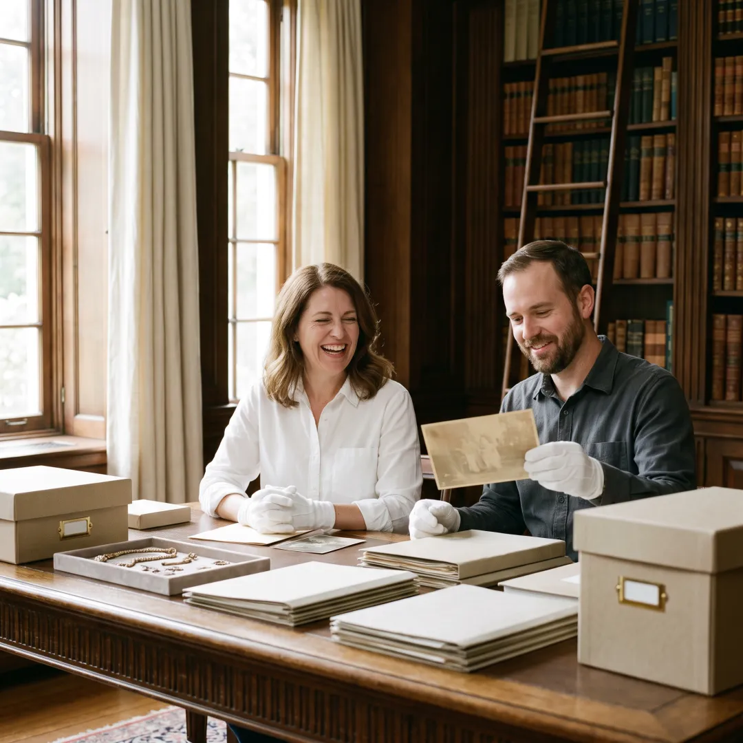 Estate downsizing organizers reviewing labeled boxes in a refined home