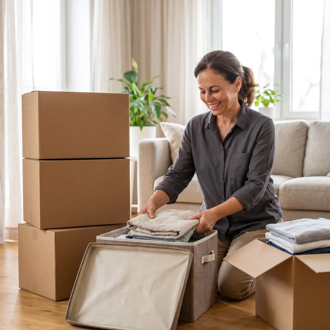 Senior move manager organizing packed boxes in a new home