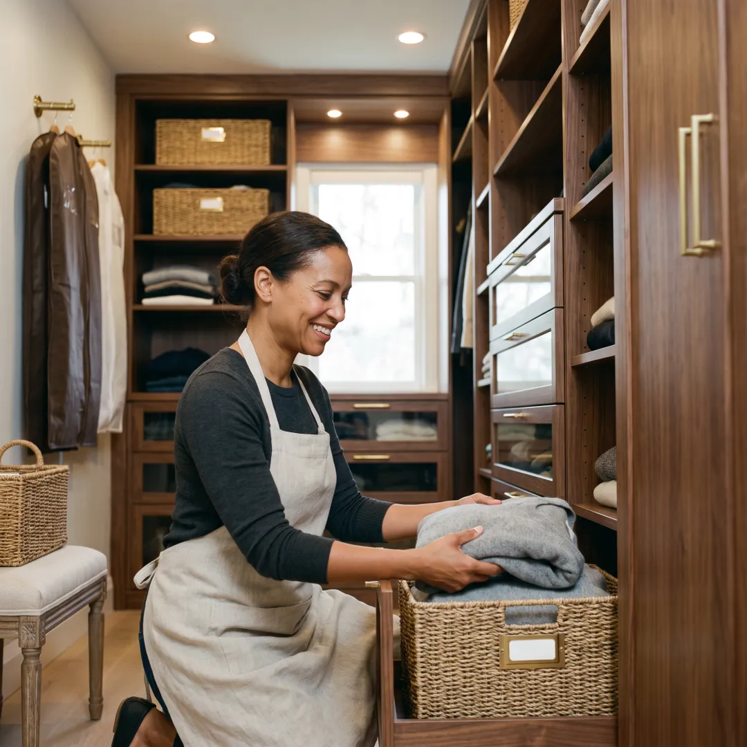 Professional organizer arranging labeled storage bins in a luxury home closet