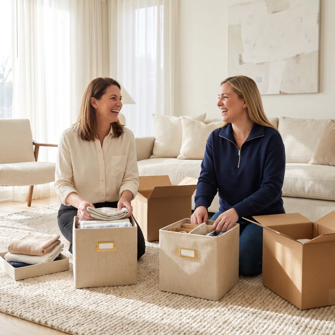 Organizers sorting household items in a bright home