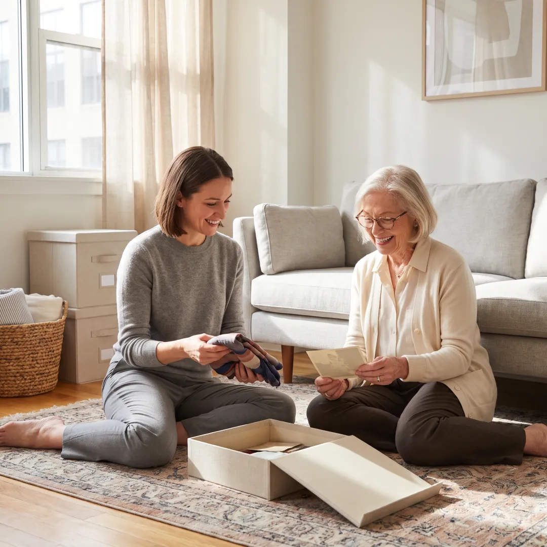 Organizer reviewing labeled boxes during senior decluttering process