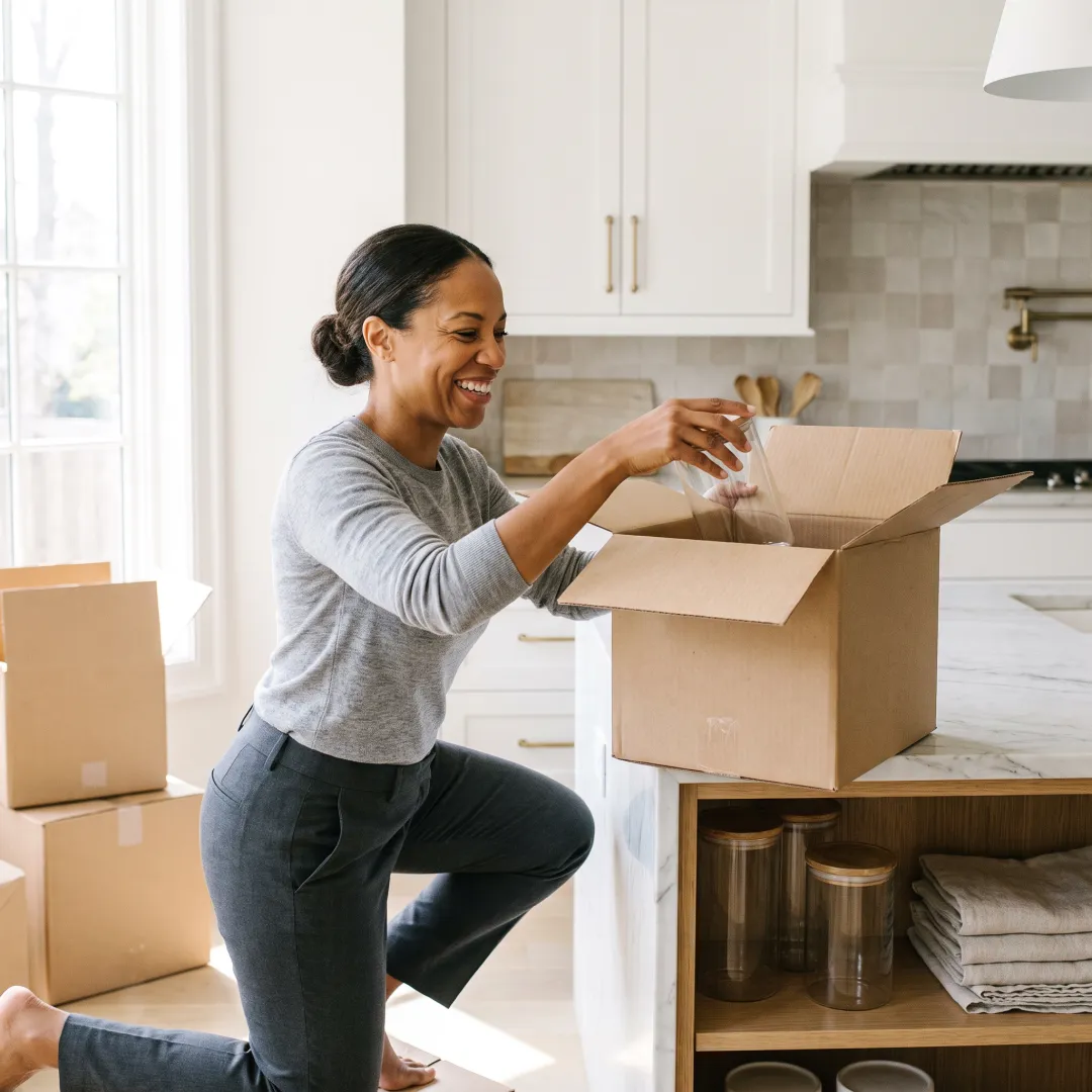 Professional organizer unpacking boxes in a new home