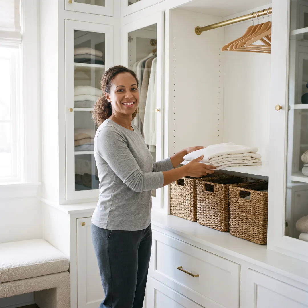 Professional organizer arranging labeled storage bins in a home closet