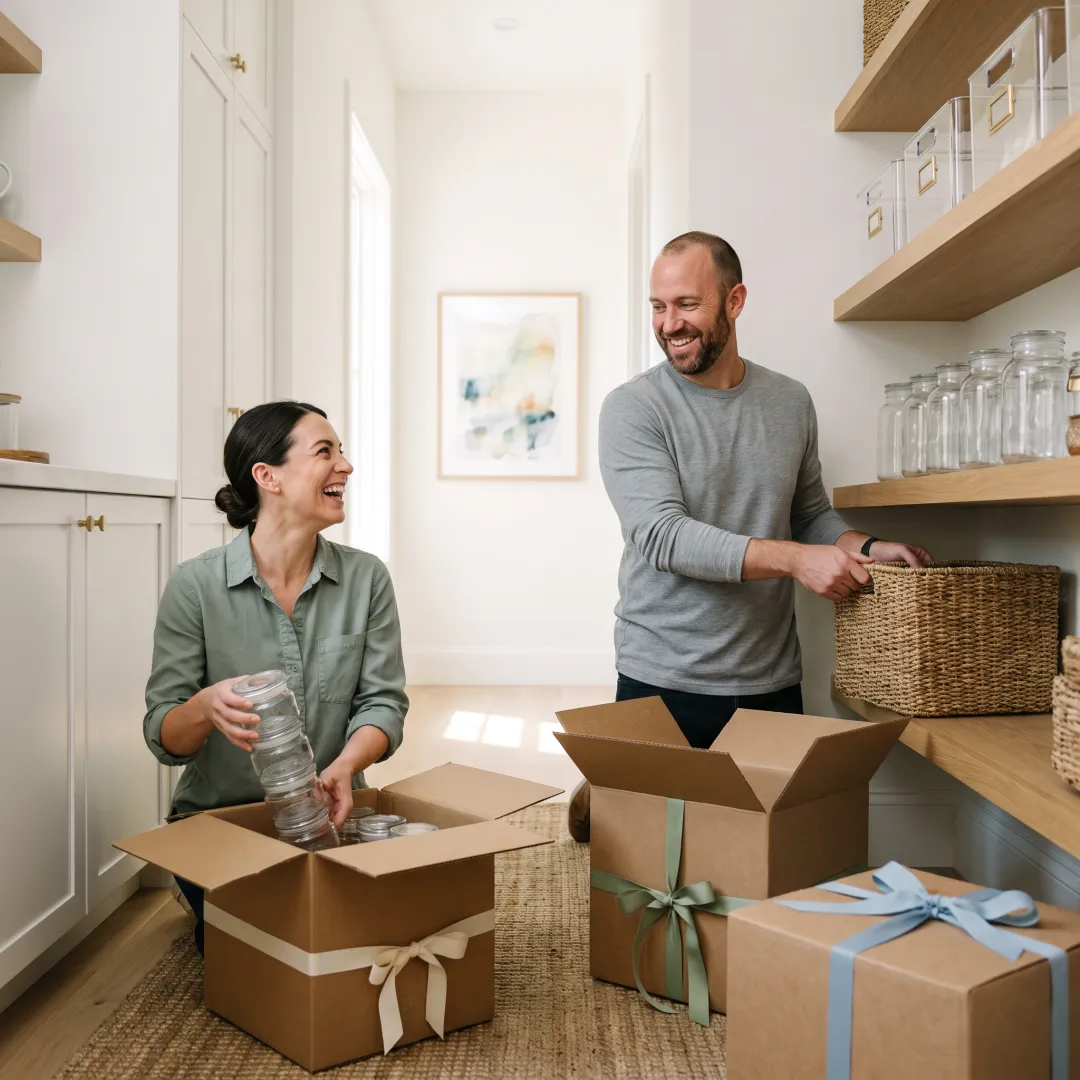 Organizers unpacking and arranging a luxury apartment