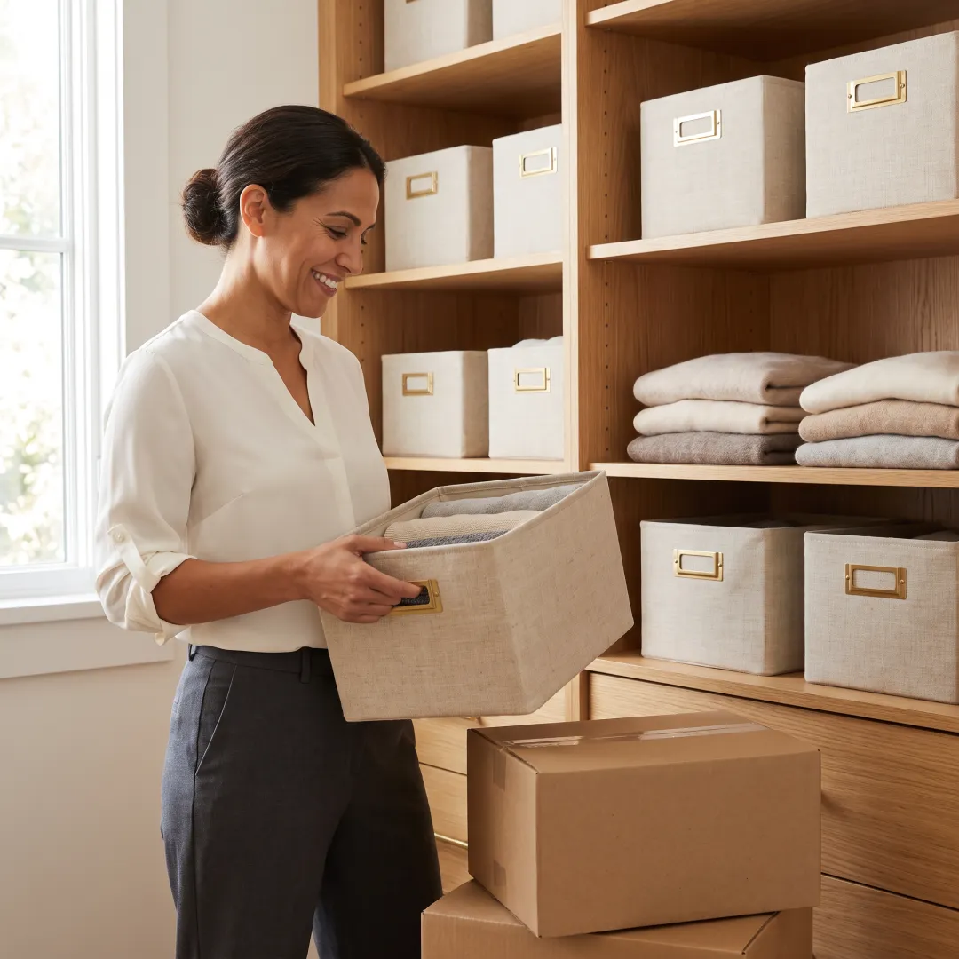 Professional organizer sorting labeled storage bins in a luxury home