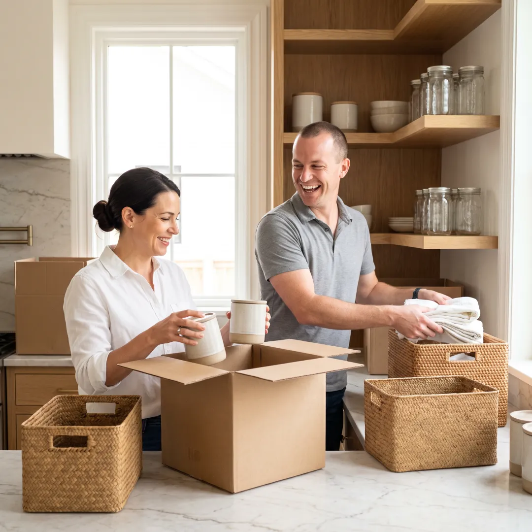 Professional organizers unpacking boxes in a new home