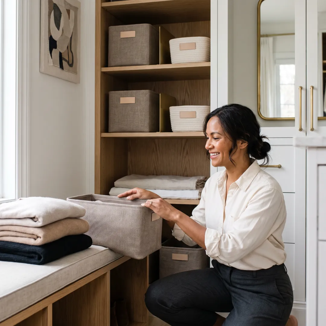 Professional organizer arranging labeled storage bins