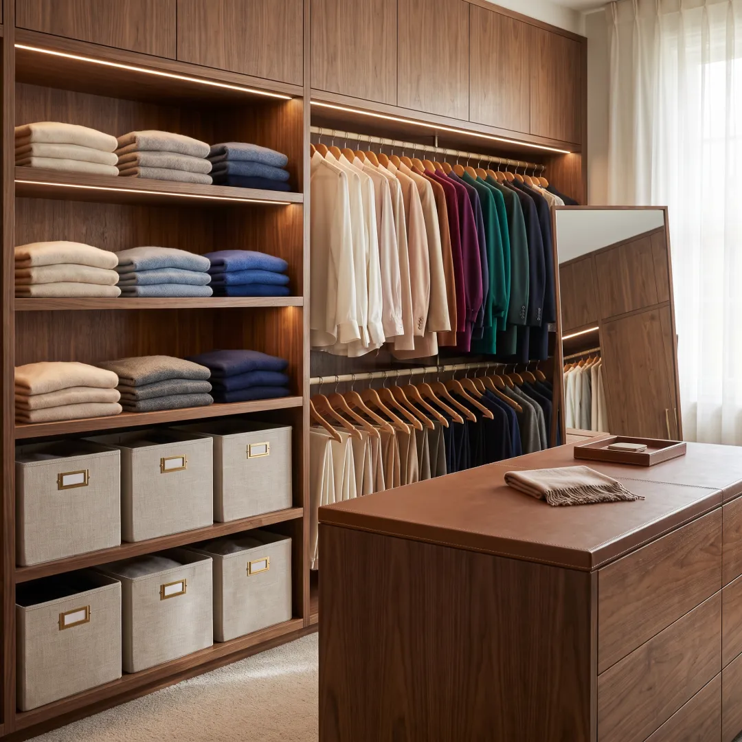 Organized luxury wardrobe with coordinated clothing and storage