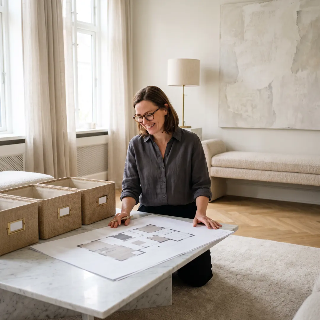 Professional organizer planning storage systems