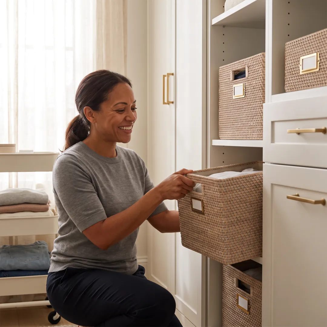 Professional organizer arranging storage systems in a luxury home