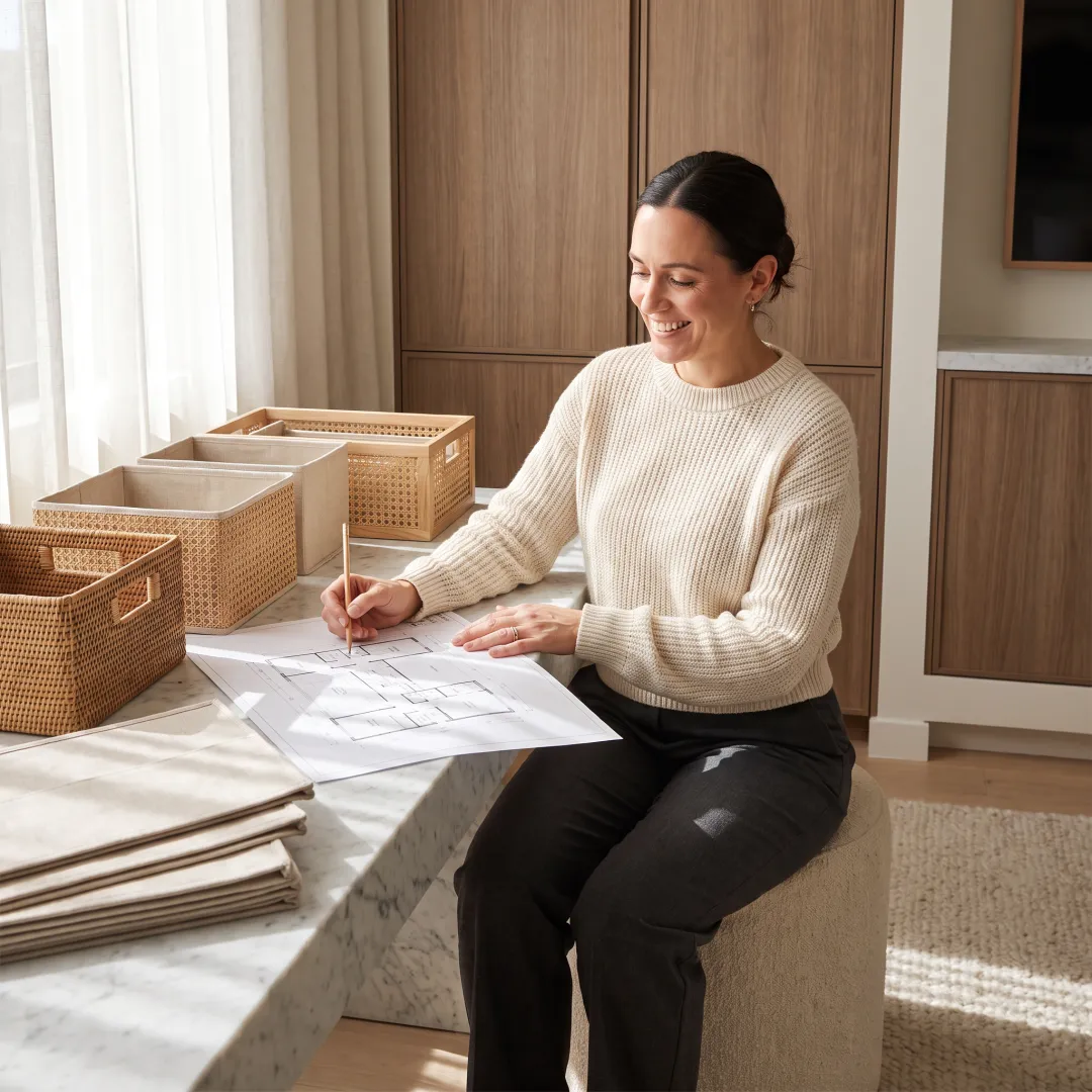 Consultant reviewing organized interior design plans
