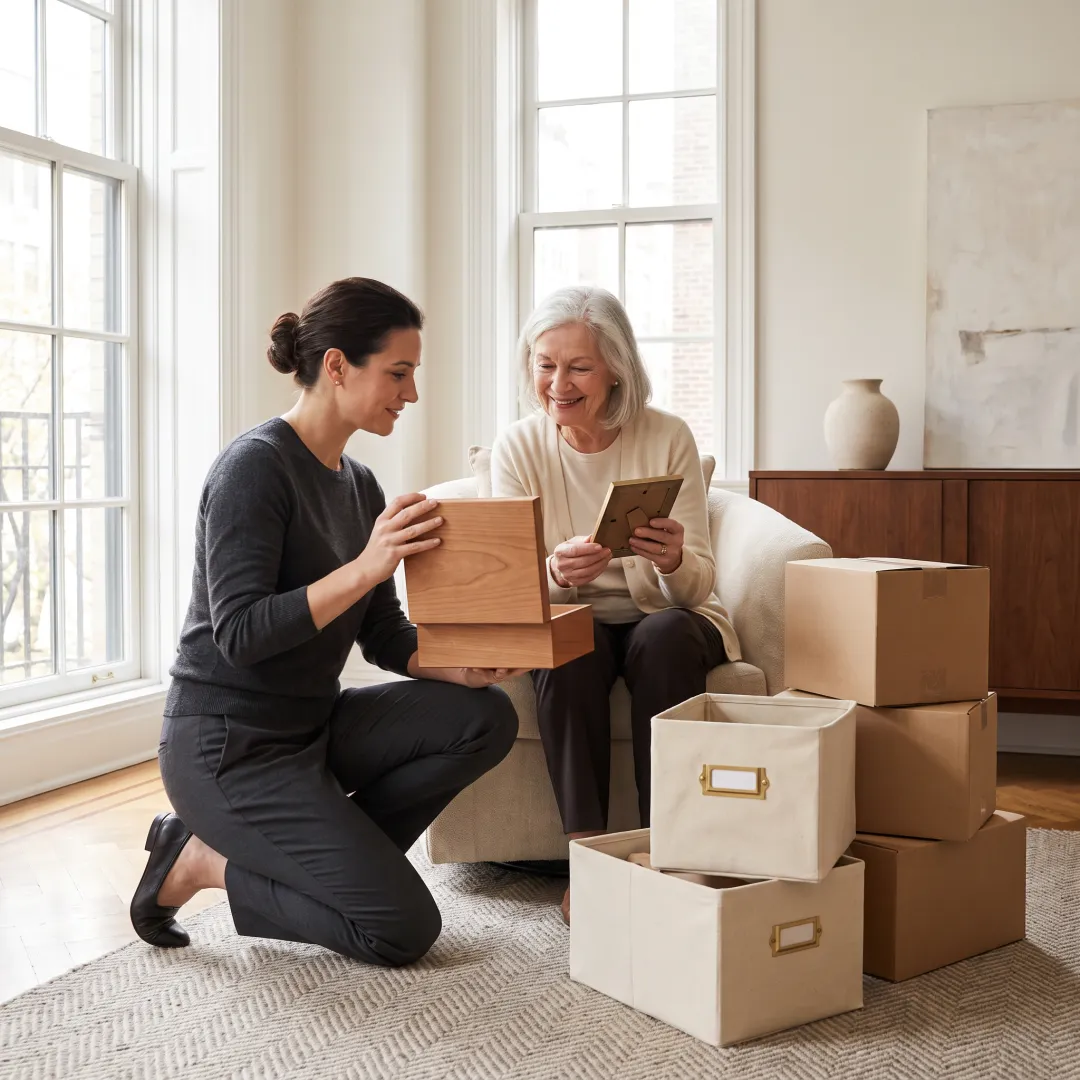 Organizer helping a senior sort belongings before a move