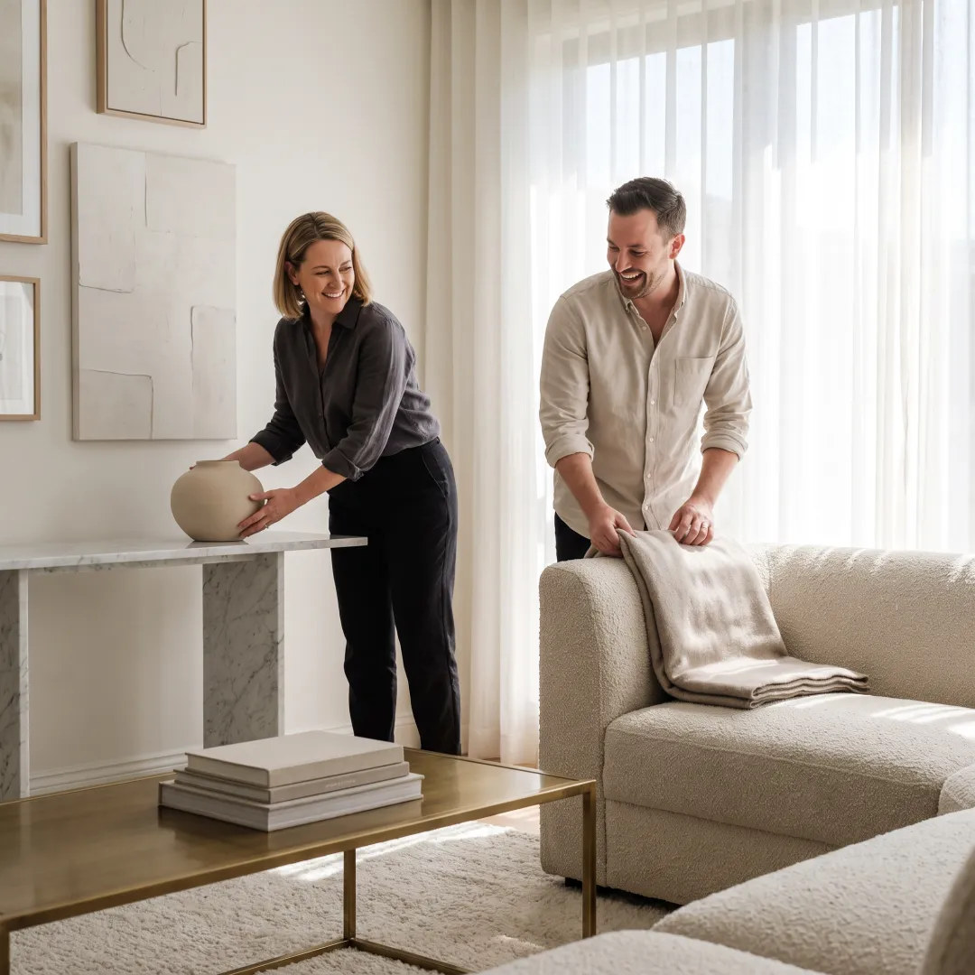 Elegant staged living room with curated furniture and décor