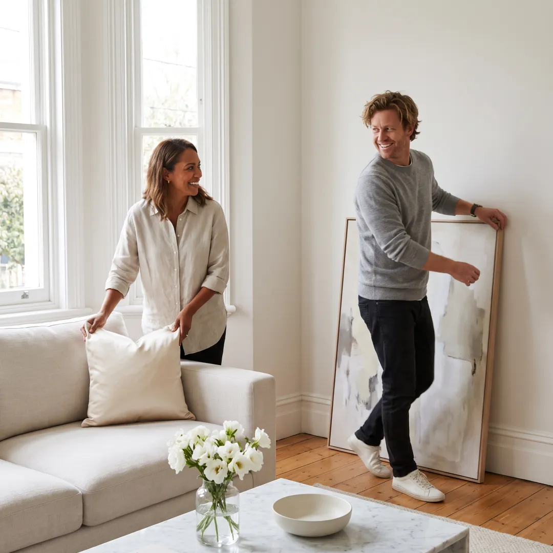 Stylists arranging a living room for a property listing