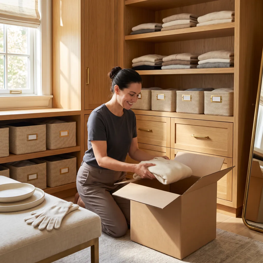 Professional organizer unpacking and arranging a luxury home closet