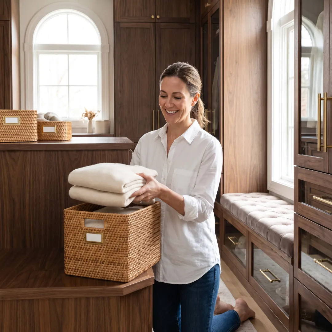 Organizer arranging labeled baskets in a luxury closet