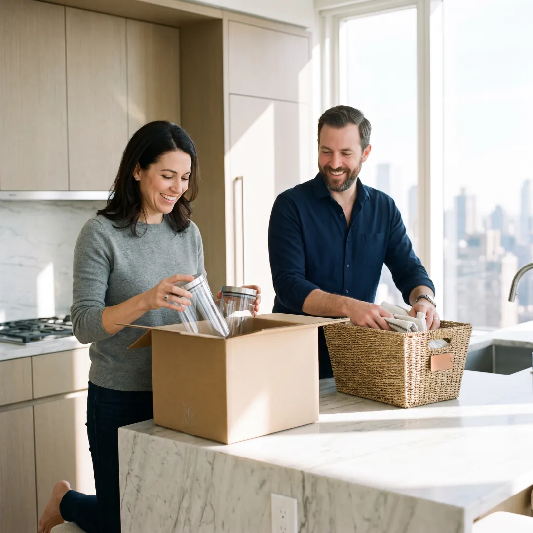 Organizers unpacking and arranging a luxury home